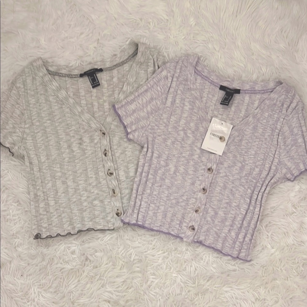 Women's Button-Up Knit Crop Tops - Gray and Purple